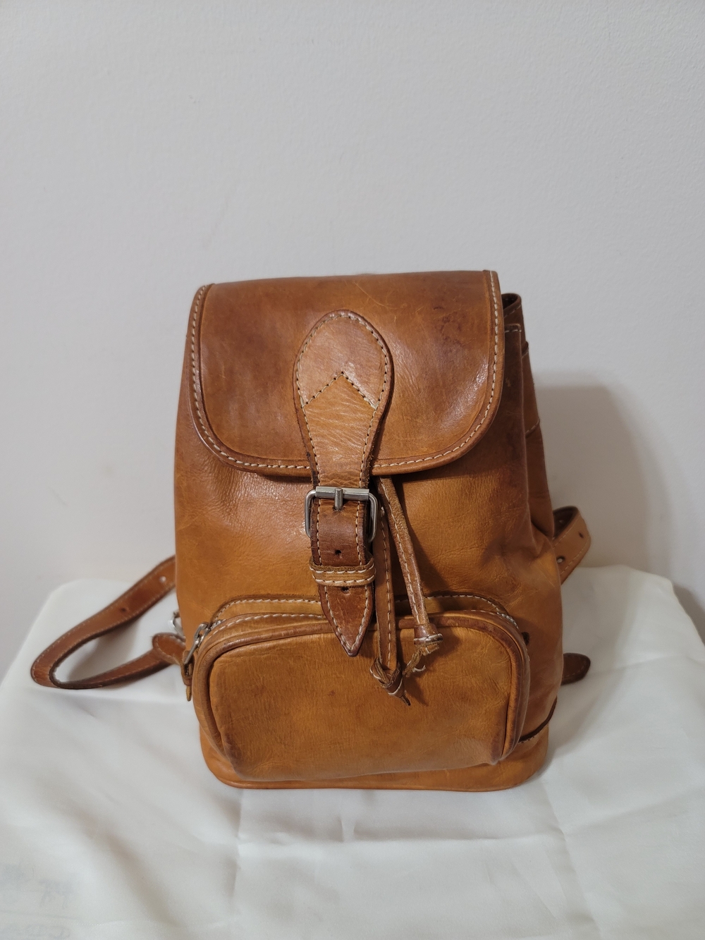 Vintage-Style Tan Leather Small Backpack